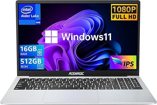 ACEMAGIC Laptop Computer 16GB DDR4 512GB SSD, Intel Quad-Core N95 Processor Windows 11 Laptop, 15.6 inch Laptop with Metal Body Support 1080P, TF Card, WiFi, BT5.0, Type_C, 38Wh Battery, Silver